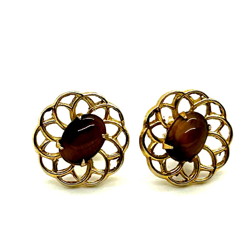 Tiger Eye‎ Prong Set Gold Tone Pierced Earrings Posts